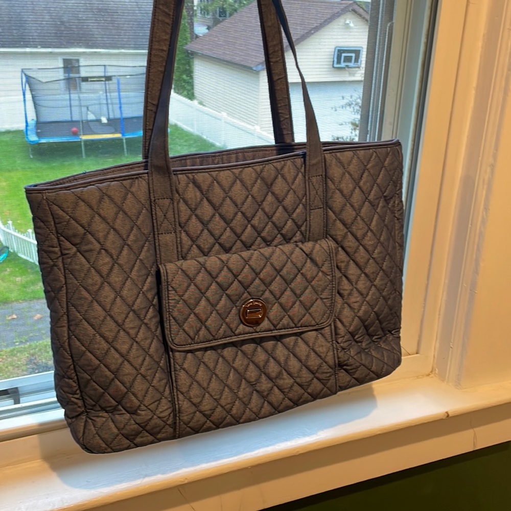 NWOT Vera Bradley denim diamond tote work bag with rose interior silver details